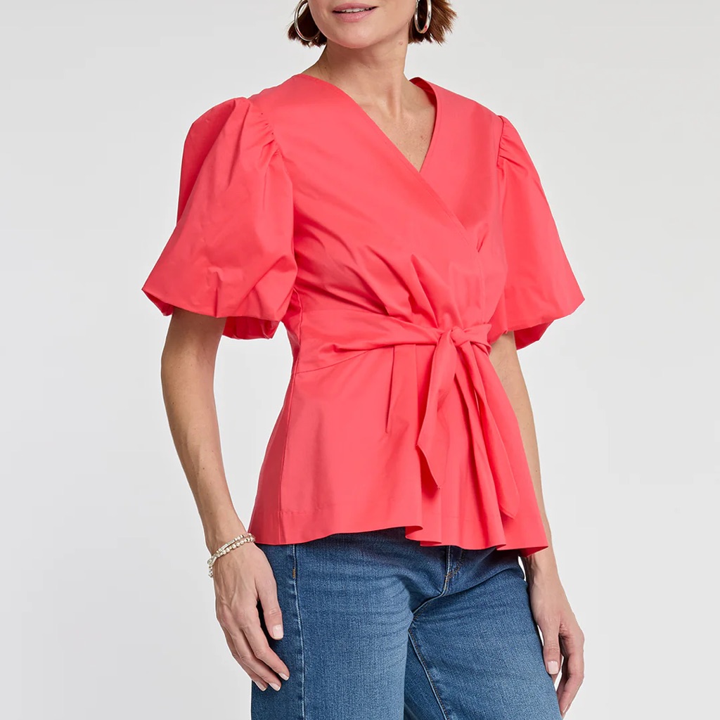 Paulina Elbow Sleeve Cotton Top Coral Tie Front Blouse